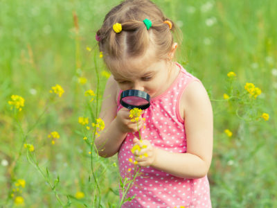 Young girl exploring nature in the meadow with a magnifying glass